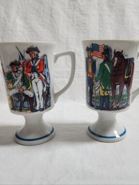Vintage-Style White Ceramic Pedestal Mugs with Patriotic Soldier Illustration